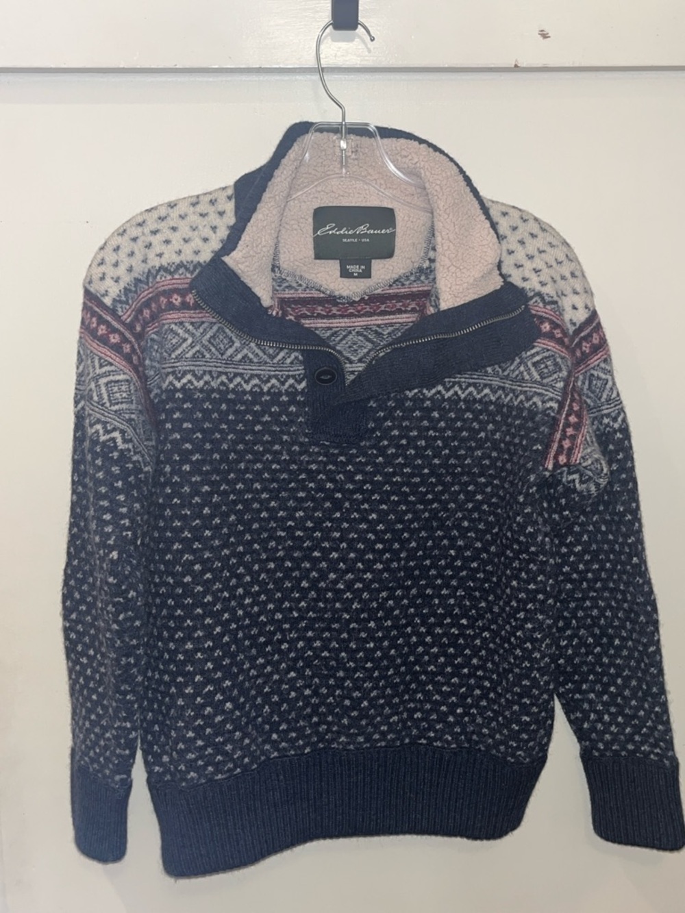 Eddie Bauer Navy Fair Isle Zip-Neck Wool Sweater with Sherpa Collar Size Medium